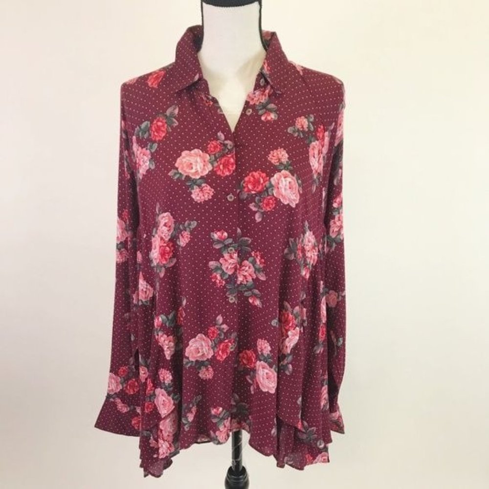Umgee Womens Wine Floral High Low Hem Button Up Long Sleeve Tunic Blouse Size S - Picture 5 of 8